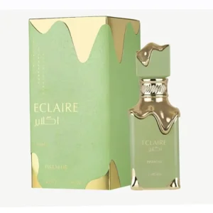 Eclaire Pistache Lattafa perfume oriental gourmand en frasco verde con estuche elegante