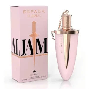 Espada Al Jamal Le Chameau perfume oriental femenino en frasco rosa con diseño de espada