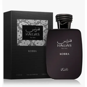 Hawas Kobra Rasasi perfume oriental masculino en frasco oscuro con estuche elegante